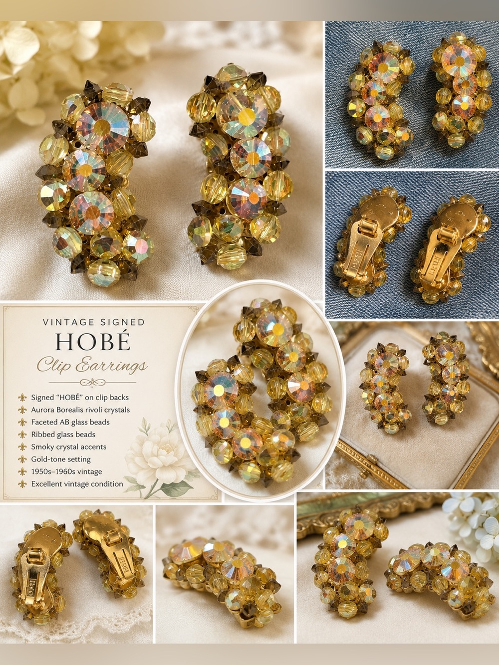 Hobé Gold Aurora Borealis Cluster Clip Earrings - Yellow